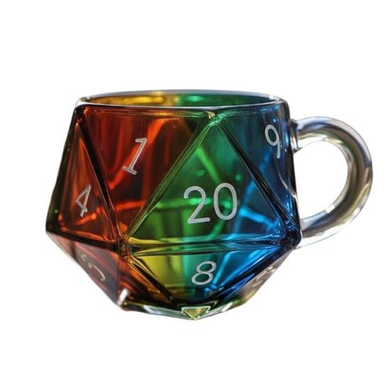 Rainbow D20 Dice Mug with Handle Colorful Polyhedral Glass Coffee Cup for Gamers Unique Gift for Tabletop RPG Fantasy Enthusiasts