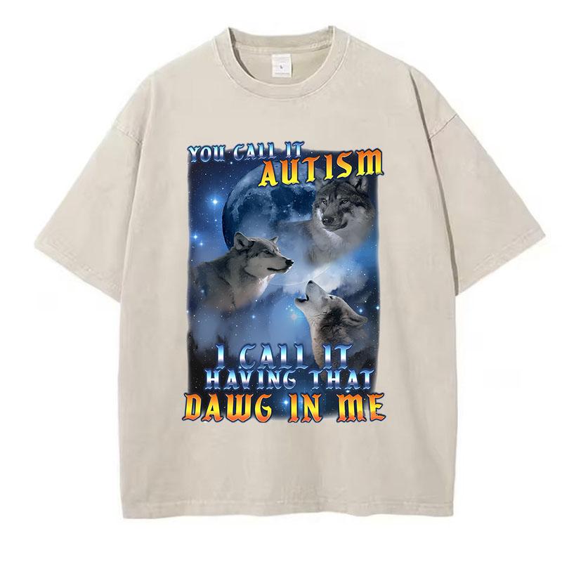 Retro Autism Wolf T Shirt Vintage Washed Cotton TShirt Graphic Tee Casual Streetwear for Spring Summer Fall