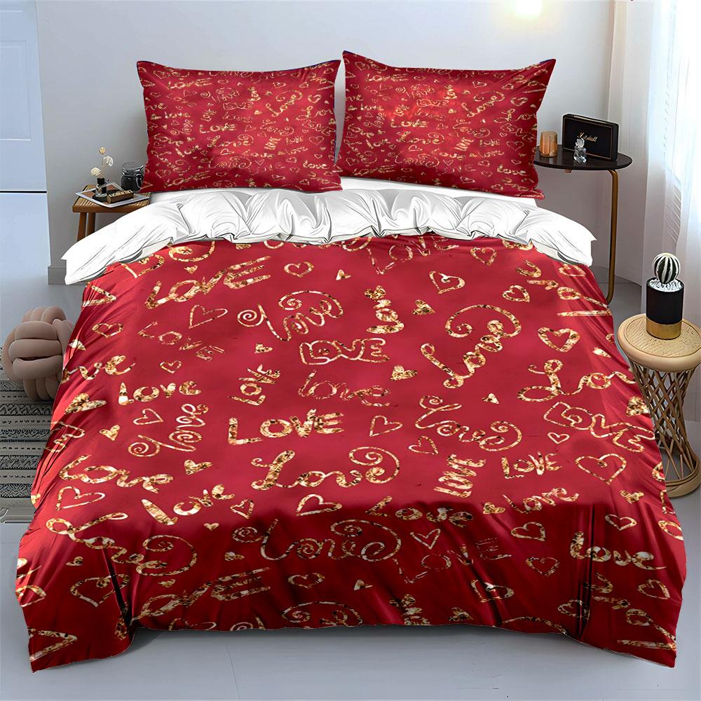 Red Bedding Set with Love Design Bedding Duvet Cover Set Duvet Cover Pillowcases (1 * Duvet Cover 2 * Pillowcases, without duvet insert)