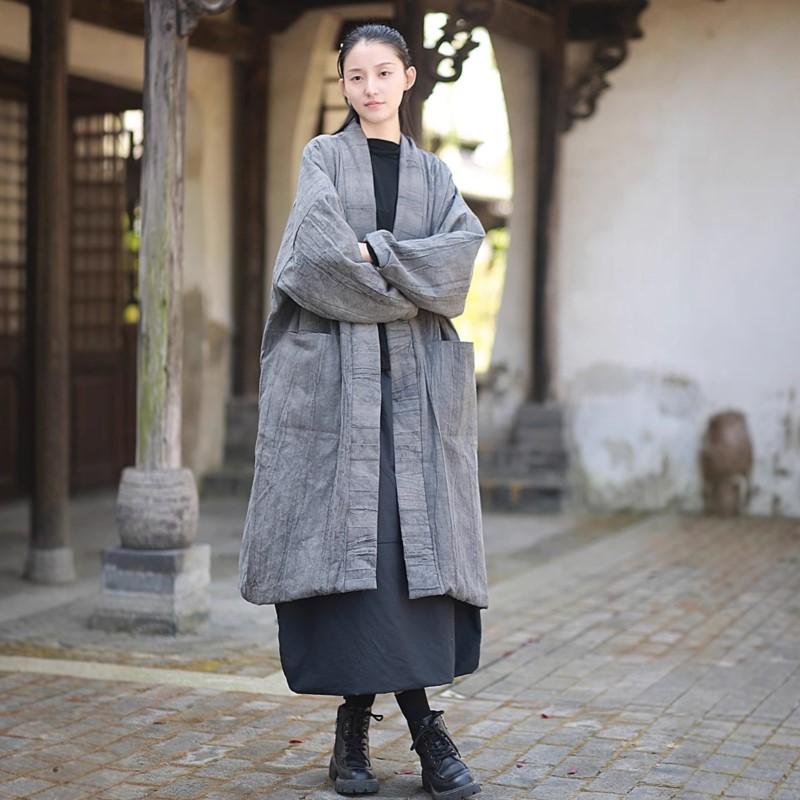 Johnature Women Vintage V-Neck Long Sleeve Patchwork Pockets Coats Winter Warm Coat