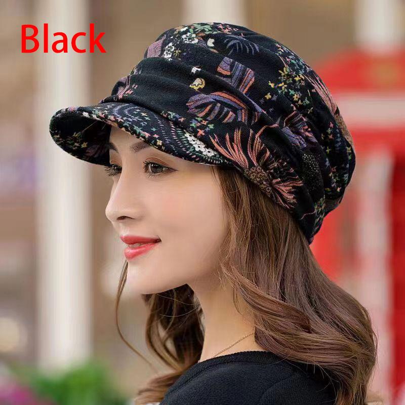 Women Keep Warm Turban Visor Hat Floral Print Windproof Cap Wide-Brimmed Cap Winter Warm Fashion
