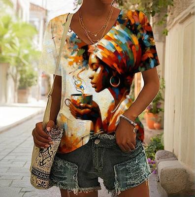 Летние женские футболки Vintage Africa Independent Women Pattern Короткие рукава Футболка Дизайнер Art V-образный вырез Свободные пуловеры Топы