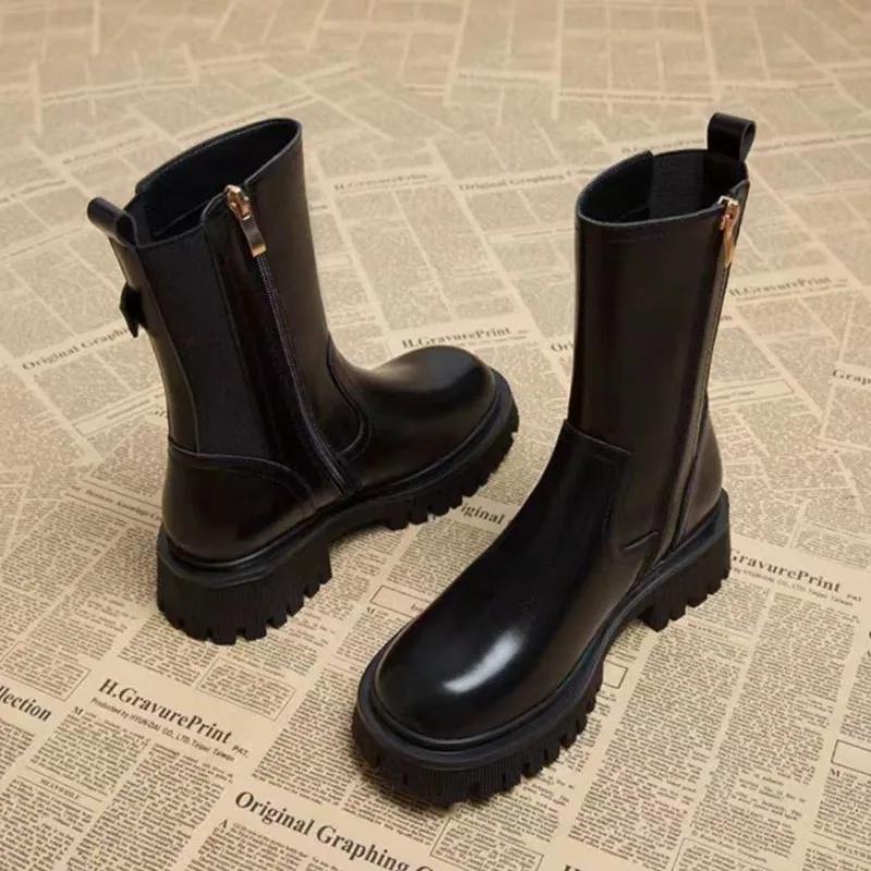 Элегантные женские туфли на низком каблуке с круглым носком, зима 2024, средняя длина голени, Gyaru, большие размеры, теплые, новые, женские полусапоги для косплея