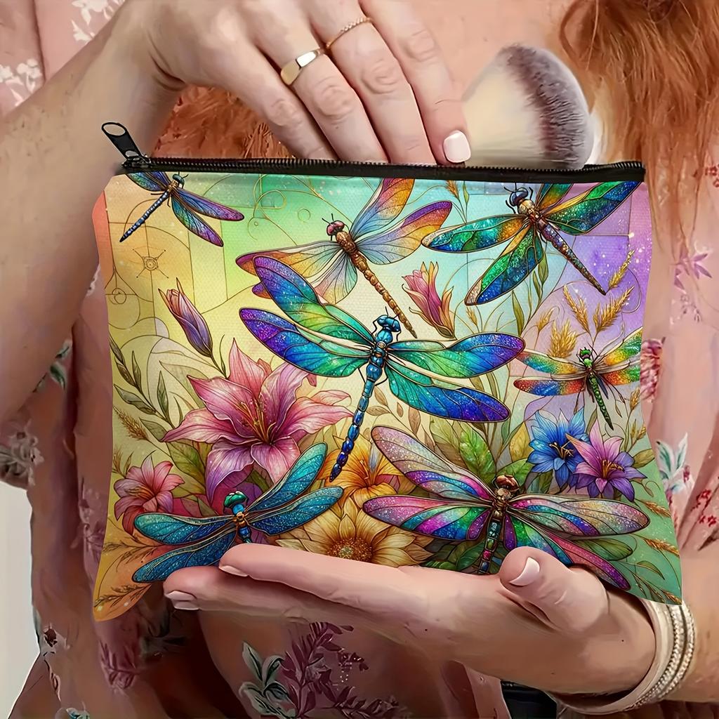 Colorful Dragonfly Makeup Bag - Hypoallergenic Floral and Insect Pattern Design, Multicolor Artistic Unisex Travel Storage