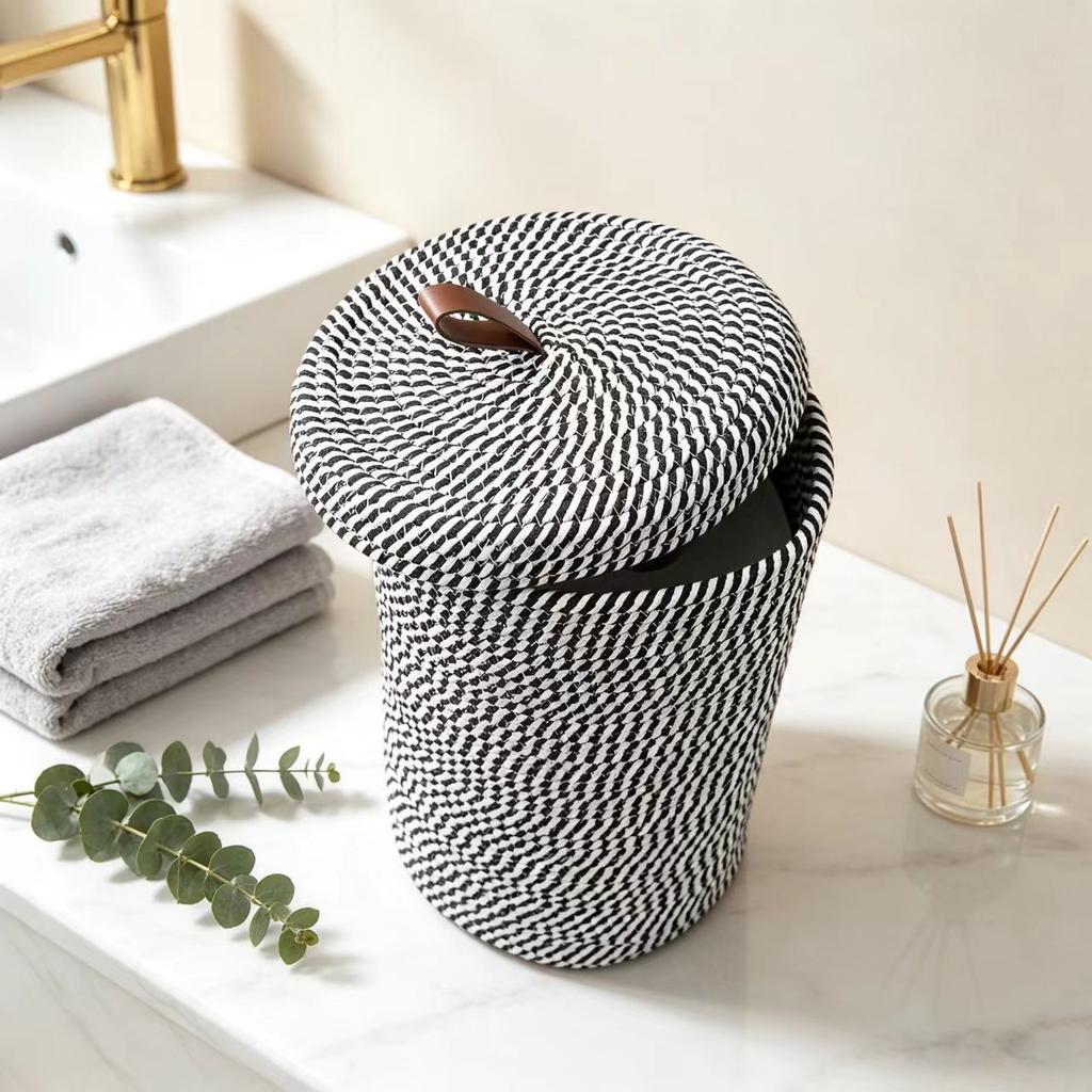 Handmade Cotton Rope Woven Toilet Paper Storage Basket with Lid, Freestanding Holder for 3 Large Rolls, 14.0 x 7.0 in