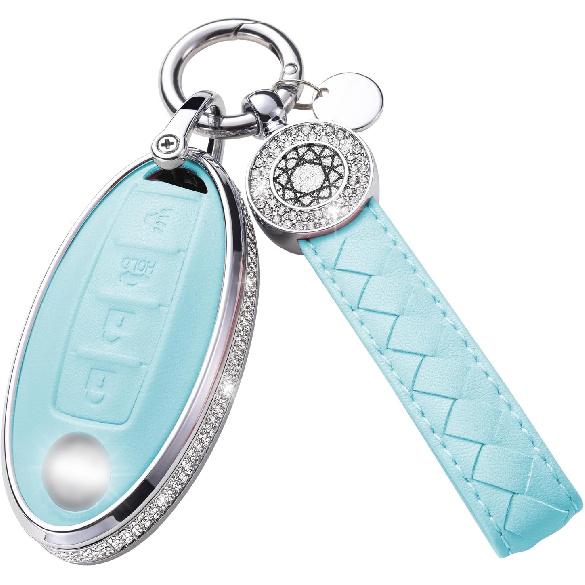 for Volvo Key Fob Cover with Keychain, Blue Leather Rhinestone Key Case Protection Shell Compatible with XC90, XC60, XC40, S60, S90, V60, V90,