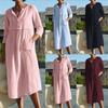 Spring and Summer Women's Round Neck Button Pockets Cotton and Linen Sleeves Solid Color Dress