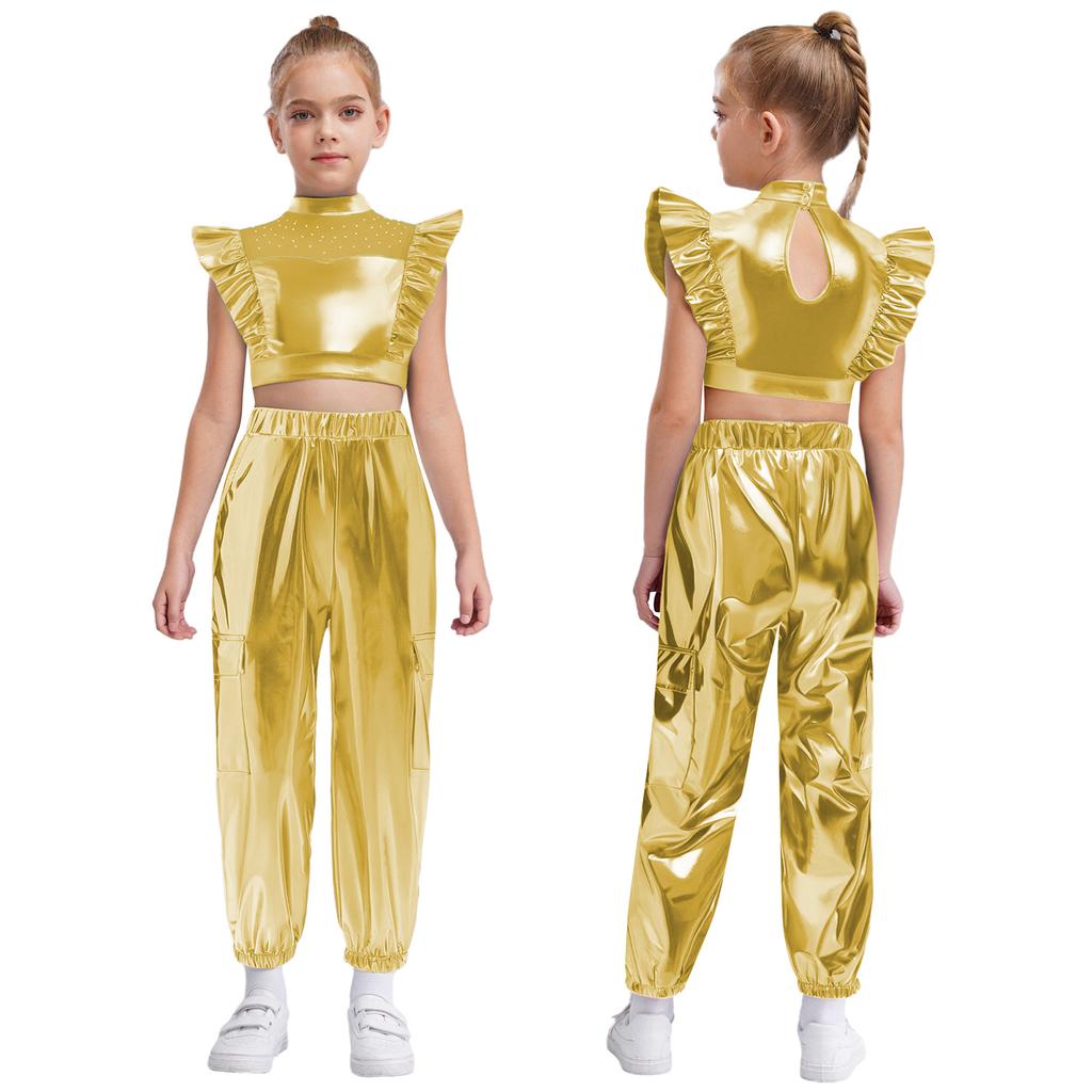 Girls Hip-Hop Dance Costume Mock Neck Rhinestone Mesh Patchwork Sleeveless Metallic Ruffle Top Paired with Shiny Cargo Pants for Competition