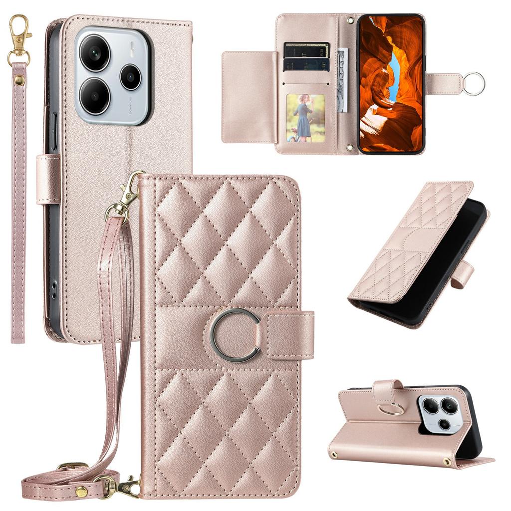 Для Xiaomi Redmi Note 14 4G (163,25 мм) Кожаный чехол-кроссбоди с кольцом-пряжкой, кошелек-подставка, ромбовидная мобильная накладка