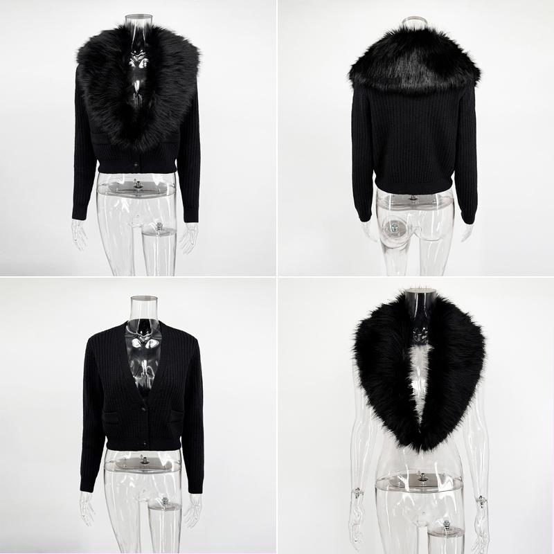 Женский черный свитер с меховым воротником, элегантный вязаный свитер с длинными рукавами, облегающий свитер, винтажный кардиган в стиле стритвеар.
