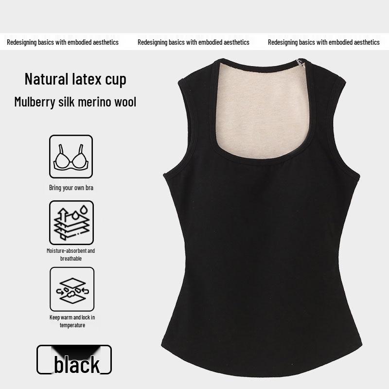 Mulberry Silk Merino Wool Fleece-Lined Vest for Women with Chest Pads and Cut-Out Shoulders, Velvet Inner Layer, for Autumn and Winter