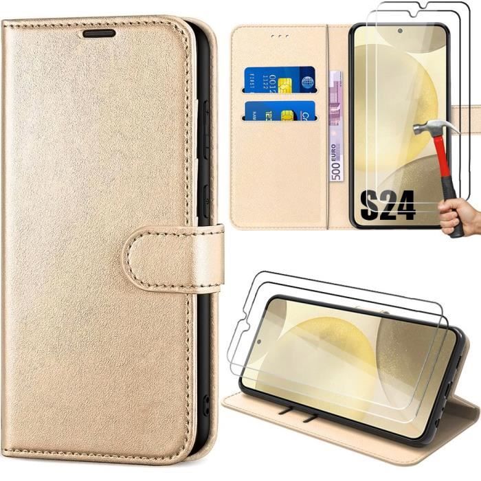 Coque pour Samsung Galaxy S24 avec 2 Verres Trempés, Effet Cuir Antichoc Intégral Flip Case Doré