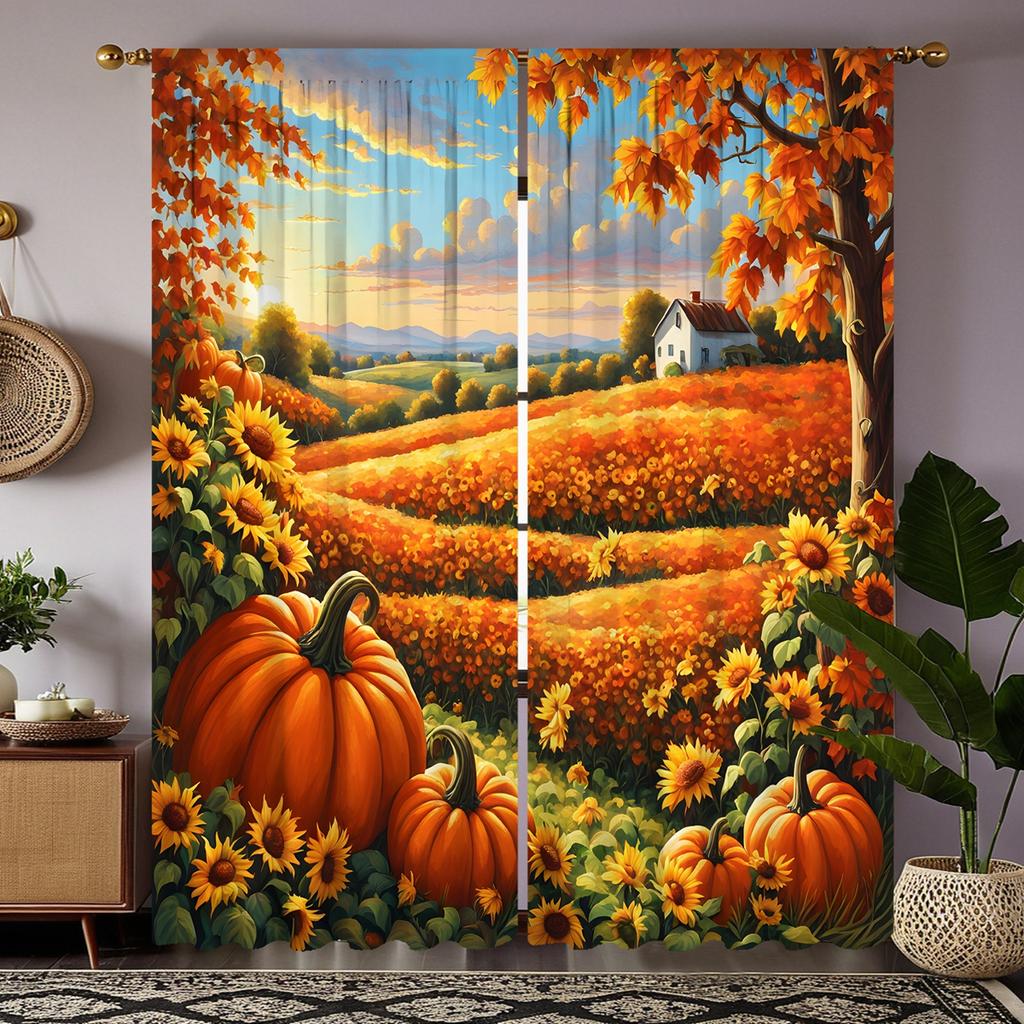 2 Pieces HD Field Sunflower Garden Maple Harvest Fruit Decorative Curtain Yellow Tie Digital Printed Curtain Home Decoration Sty