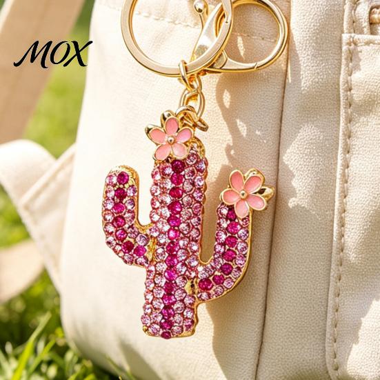 Golden Plated Key Holder Bling Rhinestone Cactus Keychain, Pink Flower Keyring Pendant Pendant, Handbags Backpacks Purse Charm Accessory Decoration