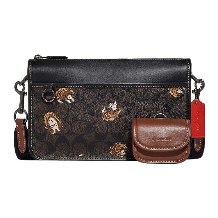 Coach Heritage 25 Classic Monogram Hedgehog Print Zipper Closure Leather Shoulder Crossbody Bag Medium Men bags Brown CC131-QBMAA