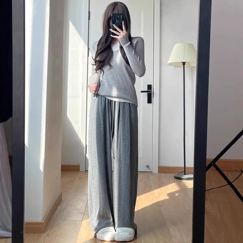 Женские трикотажные брюки с высокой талией и широкими штанинами Petite 145 - Весенне-осенние повседневные брюки свободного кроя с прямыми штанинами из клейкой рисовой ткани 150.