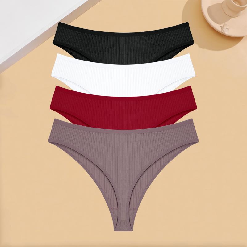 FINETOO 4Pcs Cotton Ribbed Underwear Women's Sexy Low-Waist Breathable Thongs Girls Sports Panties Stretchy T Back Soft Lingerie