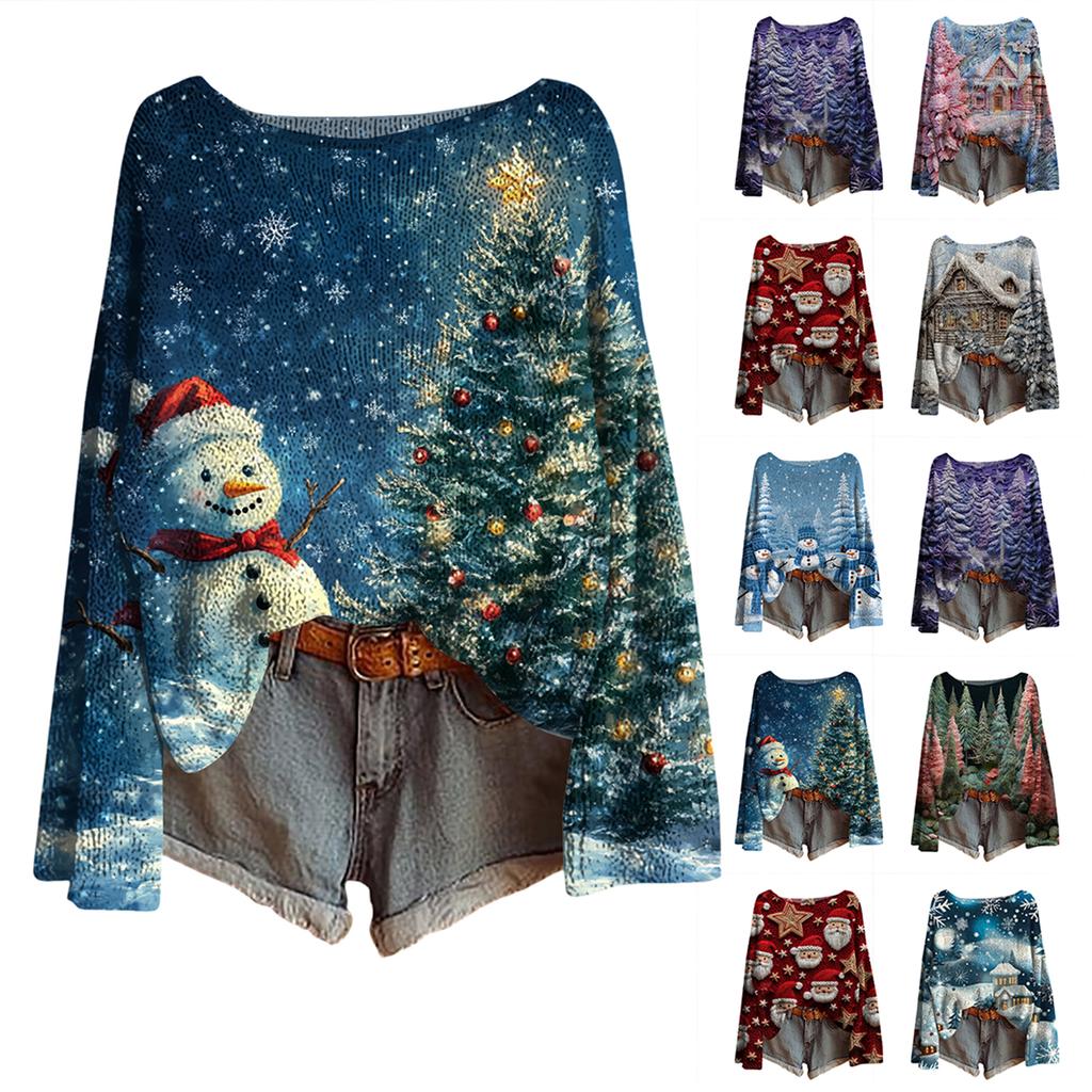 Women's Christmas Print Lightweight Sweater Casual Long Sleeve Knitted Pullover