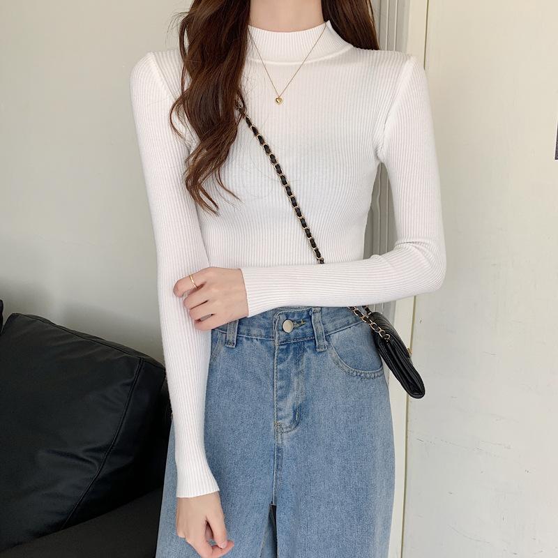 Женские пуловеры с высоким воротником на весну, осень и зиму, свитера, джемпер, рубашка для начинающих, короткий рукав с короткими рукавами, обтягивающий низ, вязаный шикарный однотонный один размер