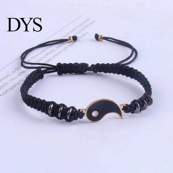 Vintage Bracelets 2Pcs Couple 2 Matching Yin Yang Hand Knitted Unisex Men Women Shiny Rhinestones Adjustable for Valentines Day Tai Chi