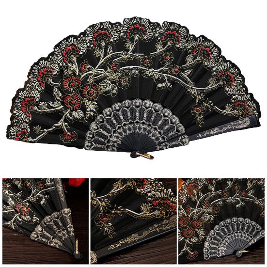 Bronzing Golden Glitter Folding Fan Elegant Plastic Floral Pattern Handheld Fan for Lady Dance Decor