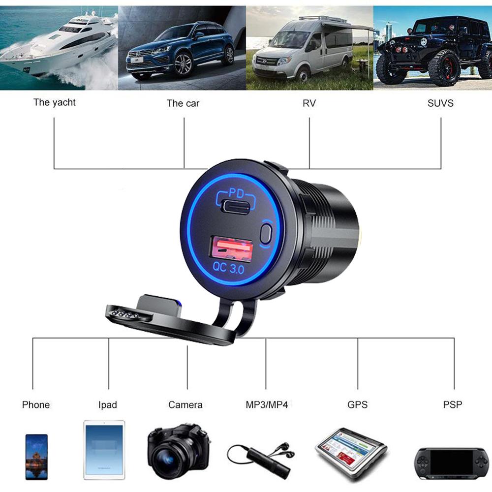 Двухпортовый USB-порт типа C для автомобиля, мотоцикла, лодки, зарядное устройство, QC 3,0 PD, автоматический адаптер питания с быстрой зарядкой и переключателем включения/выключения, 12-24 В, универсальный синий свет