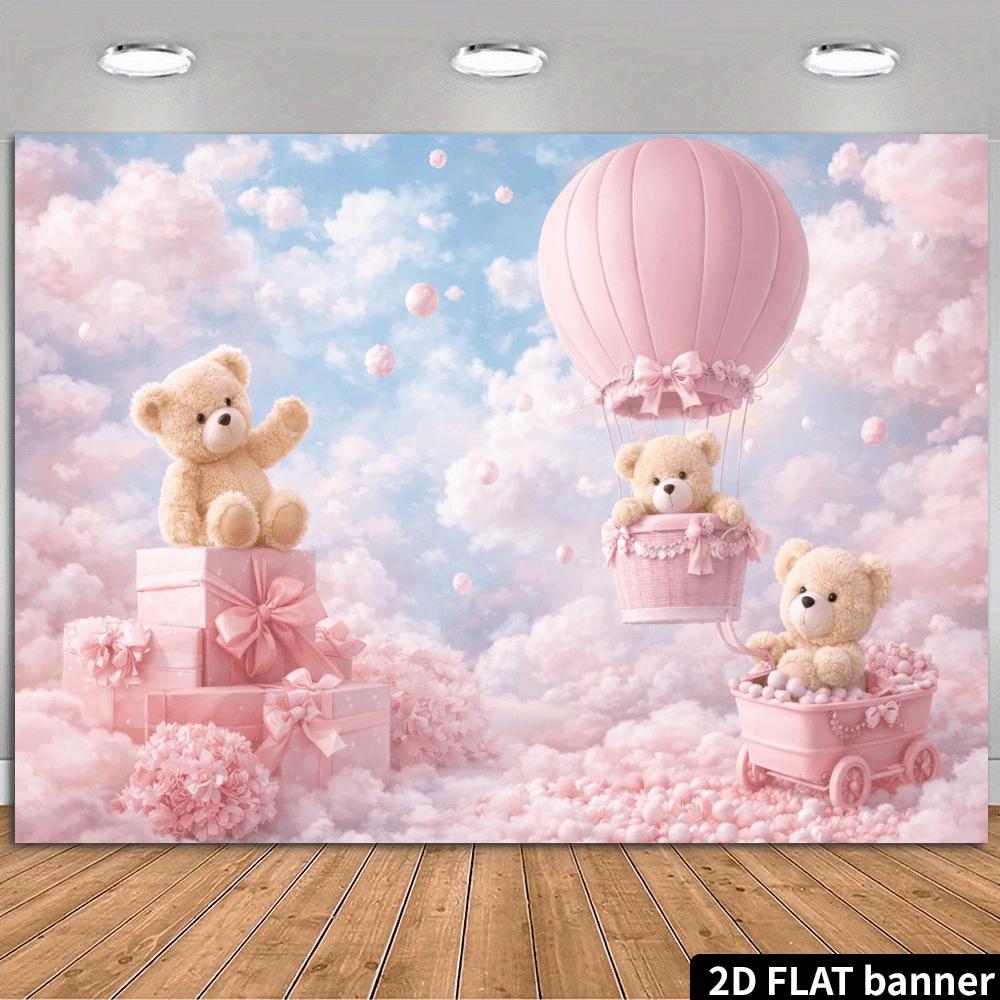 One fairy tale castle-themed backdrop fabric, featuring pink hot air balloons, hanging garlands and baskets