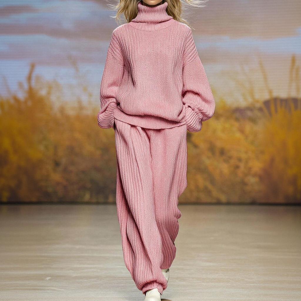Женский модный повседневный вязаный комплект свободного кроя с высоким воротом и широкими брюками
