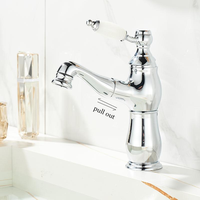 BAKALA Pull Out Bathroom Basin Sink Faucet Hot Cold Water Mixer Tap Golden Faucets Crane with Spray Tall Bathroom Faucet