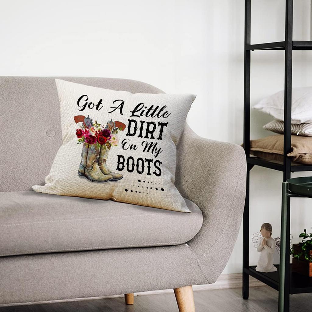 Mancheng-zi Retro Western Country Cowgirl Flower Boot Got a Dirt on My Boots Throw Pillow Cover,Teen Girls Women Cowgirl Gifts,18 x 18''Western