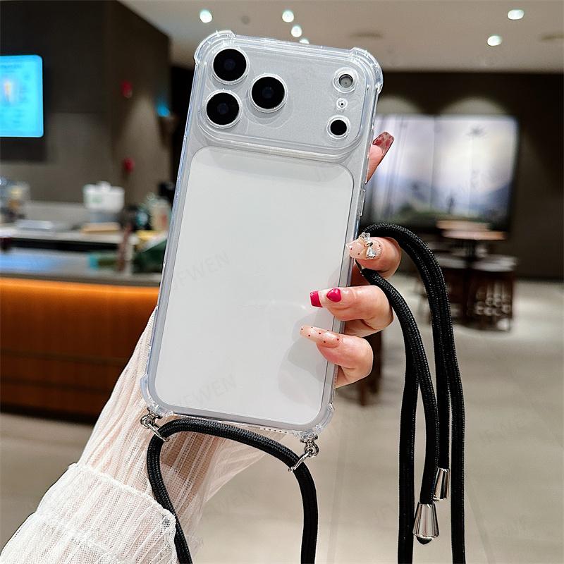 Чехол-кошелек на шею с ремешком, противоударный чехол для iphone 17 Air 16 16E 15 14 13 12 11 Pro Max Plus, силиконовый, мягкий ТПУ, прозрачная задняя крышка