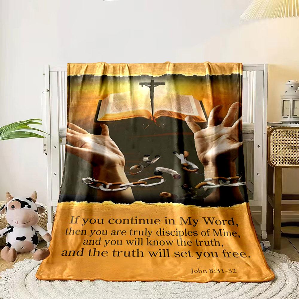 An open Bible, a cross, broken chains, and raised hands symbolize freedom. for all seasons blanket lunch break throw gift