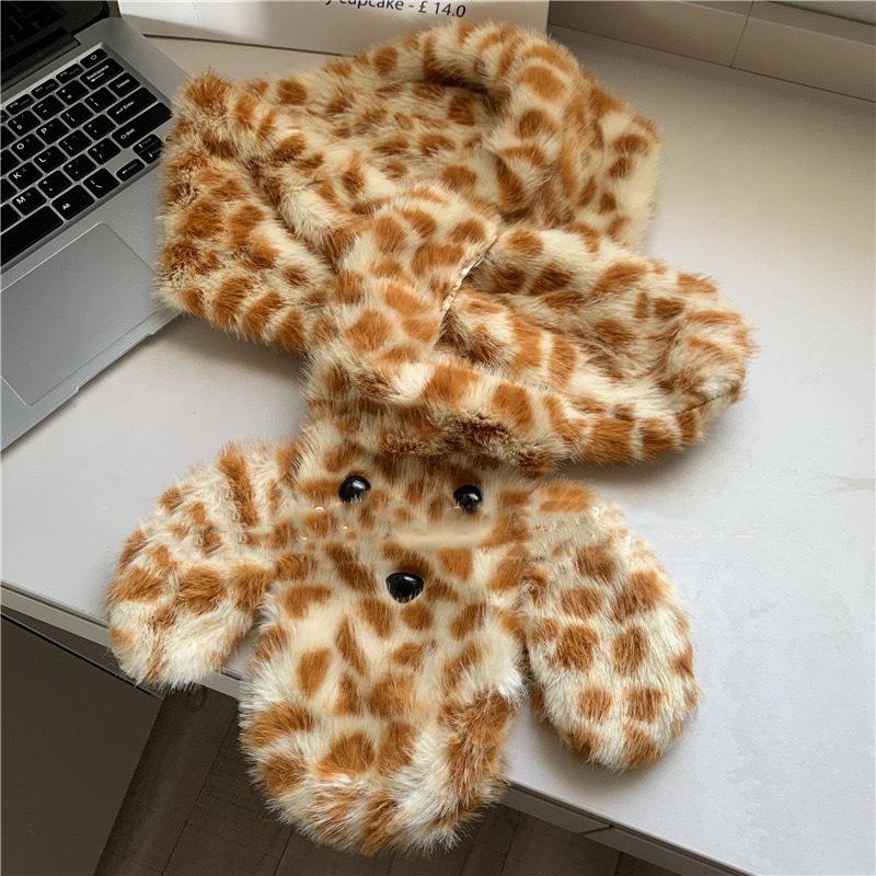 Autumn And Winter Cute Plush Leopard Hat Women's Warm Bear Fisherman Hat Neck Protection Cold Hat Cartoon Hundred Tide Hat