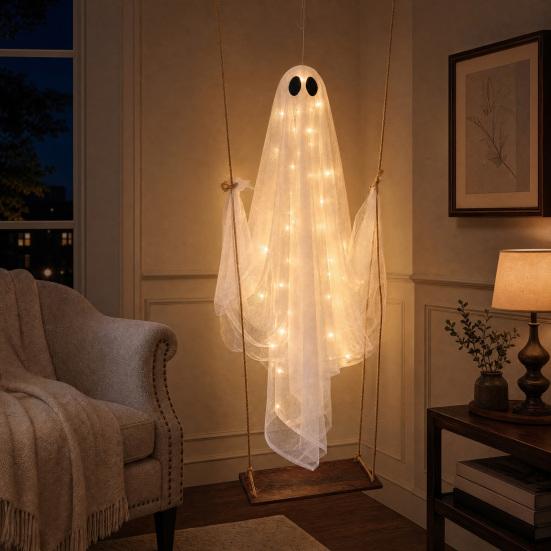 Halloween Ghost Decoration, Large Hanging Swing Ghost with LED String Lights, Battery Powered Ghost Figure for Outdoor Indoor Halloween Party Yard