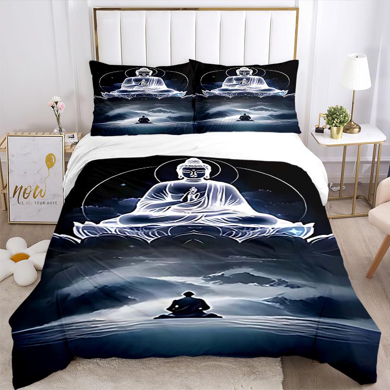 3pcs Buddha Statue Comforter Set with One Quilt Cover and Two Pillowcases (No Core) - Anime Cartoon Design, Perfect for Bedroom and Guest Room Decorat