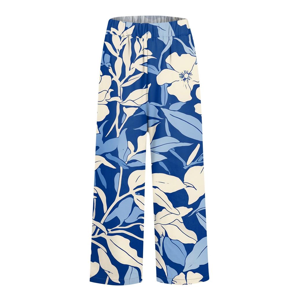 Women's Fashionable Floral Print Straight Leg Pocket Elastic Waist Casual Pants Pants