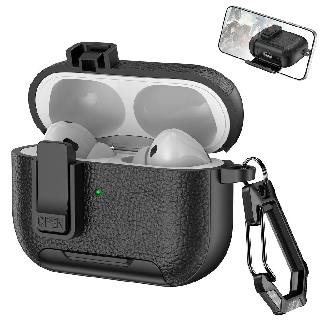 For Apple AirPods Pro Protective Case with Stand Litchi Texture Leather TPU + PC Earphone Cover with Lock Buckle and Carabiner