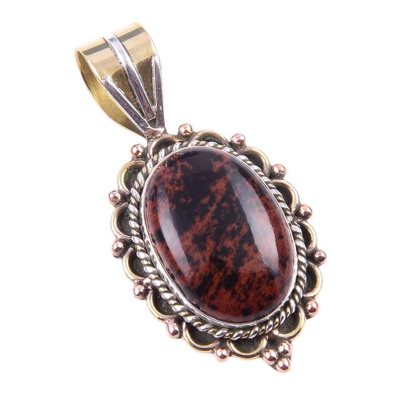 Natural Mahogany Obsidian Gemstone 925 Solid Silver Two Tone Pendant 1.50'' q4n89