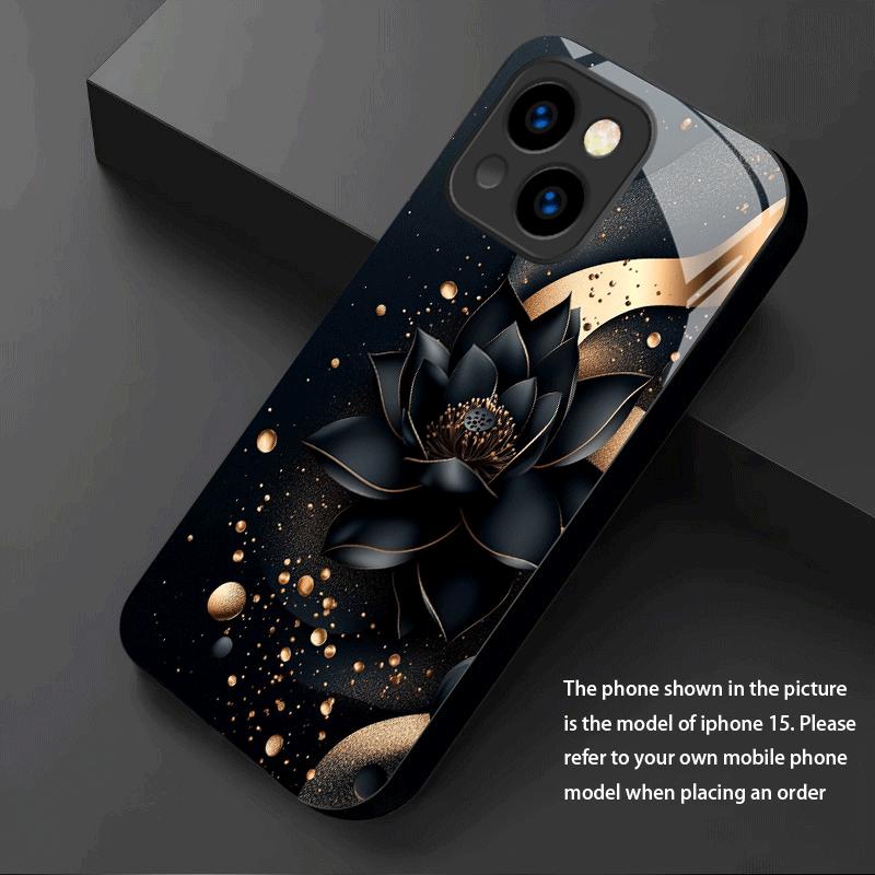 Черный золотой лотос Закаленное стекло Чехол для телефона Подходит для iPhone 17 16 15 14 13 12 11 Pro/Max/Plus Ударопрочная задняя крышка