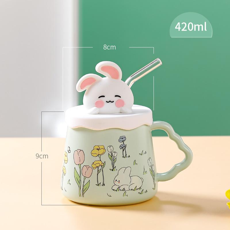 Family Suit Rabbit Ceramic Cup High Value Straw Cup with Lid Cute Cup Souvenir Gift Cup