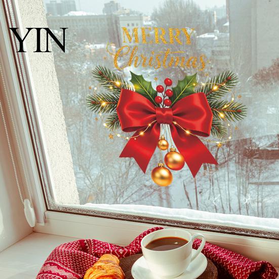 Large Christmas English Lettering Red Bow Window Sticker, Gold Letter Merry Glass Decal, Xmas Decor Waterproof Windows Clings for Home School