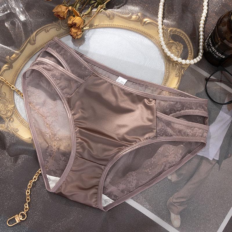 Elegant Lace Mesh Mid-Waist Satin Briefs for Women