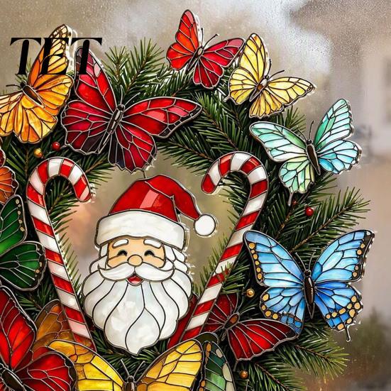 Waterproof PVC Static Clings Christmas Wreath Window Sticker, Stained Glass Style, Removable Santa Butterfly Candy Cane Decal, Cling for Home