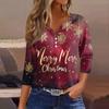 Женская футболка с рождественским принтом, на пуговицах, рукав 3/4, повседневная, выходного дня, модная, базовая, с V-образным вырезом, стандартный топ