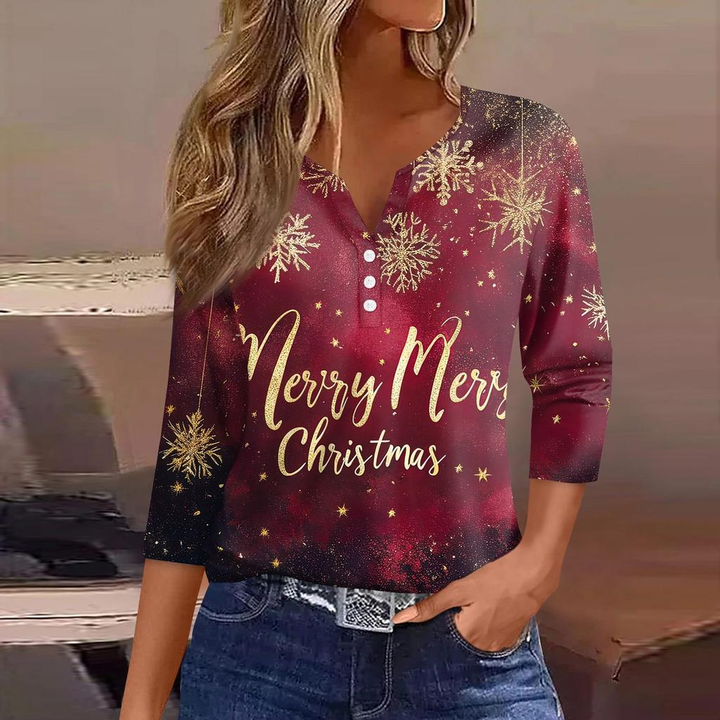 Женская футболка с рождественским принтом, на пуговицах, рукав 3/4, повседневная, выходного дня, модная, базовая, с V-образным вырезом, стандартный топ