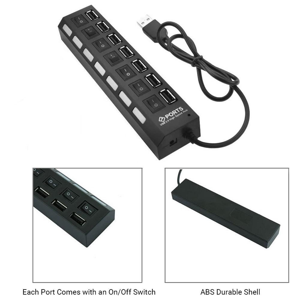 7 Ports USB Hub Splitter with On/Off Switches Long Cord for Laptop Desktop PC Computer Data Transfer