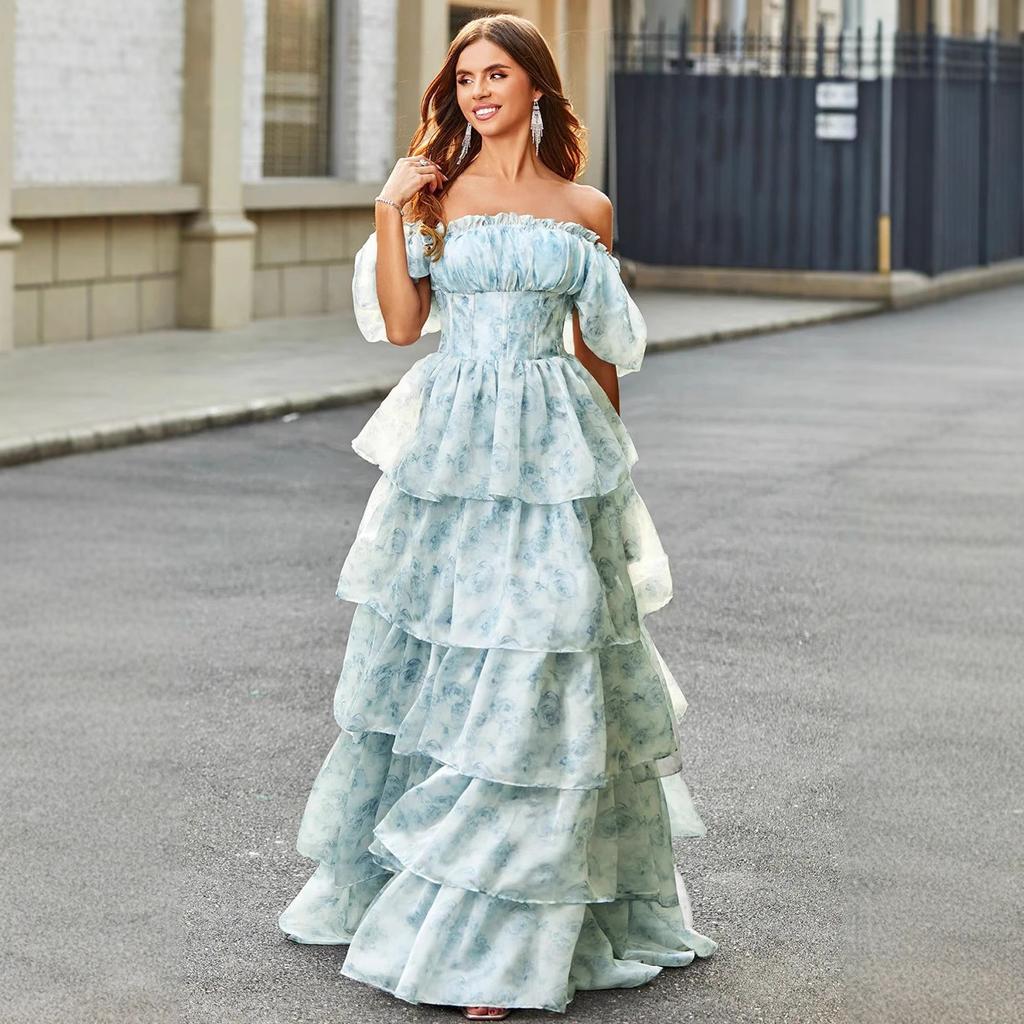 Идиллическое сладкое платье-торт Европейские и американские пышные короткие рукава шнуровка на талии однотонное цветочное платье-фея длинное платье