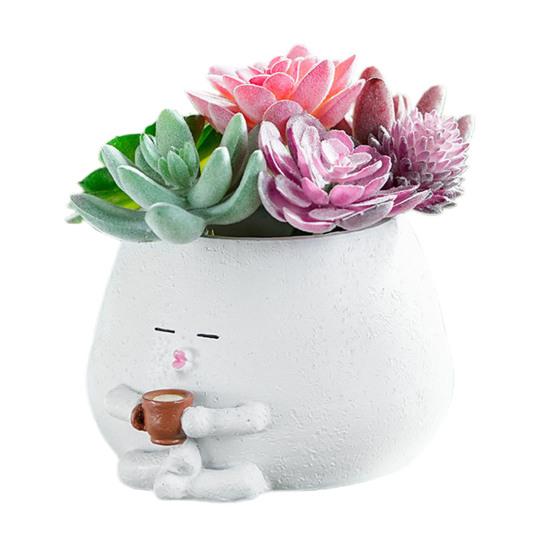 Face Planter Resin Cartoon Coffee Drinker Flower Pot Sitting Figure Succulent Planter with Drainage Hole for Indoor Outdoor Potted Plants