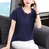 Новые летние женские топы с коротким рукавом и круглым вырезом, свободные, больших размеров, тонкие, с вышивкой и пуговицами, модные, повседневные