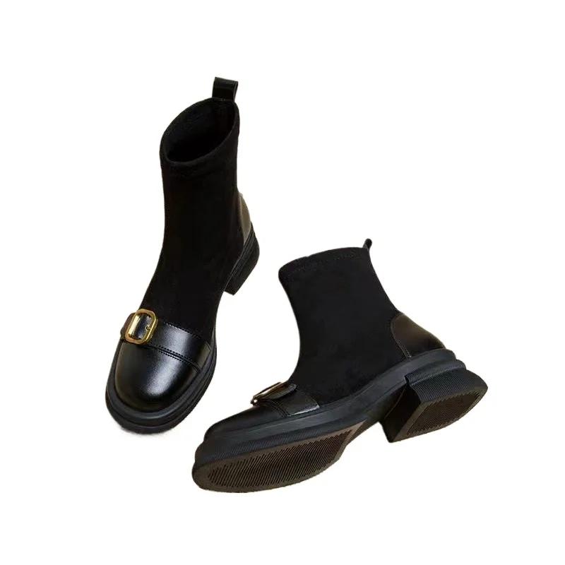 Новые женские ботинки, классические туфли с маленькими золотыми пуговицами для женщин, квадратные толстые каблуки, эластичные ботинки, мода